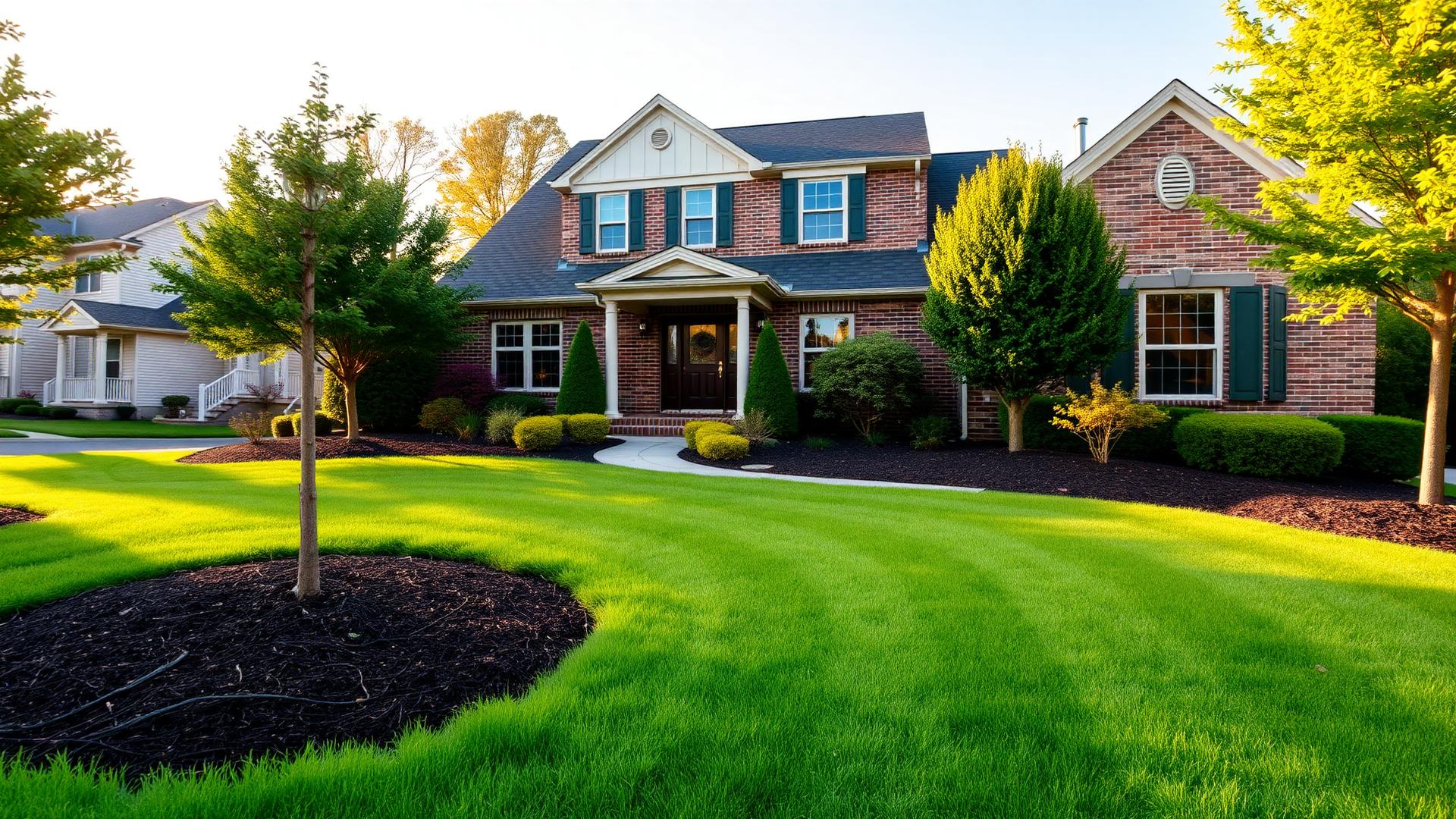 Professionally maintained lawn and landscaped garden beds at a suburban Philadelphia home